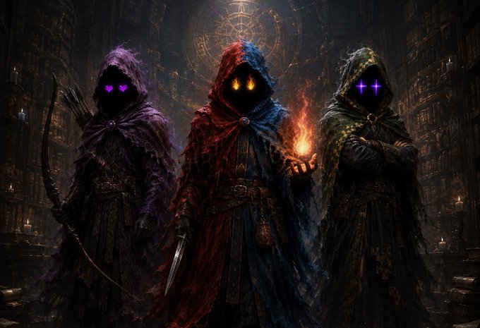 A dark fantasy digital artwork featuring three hooded figures with glowing purple and orange eyes in a gothic library setting, holding weapons and a flaming orb.