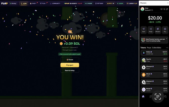 A 'YOU WIN!' screen on the FLAP website shows a reward of 0.09 SOL, with confetti animation and a Phantom wallet showing a $20.00 balance on the right.