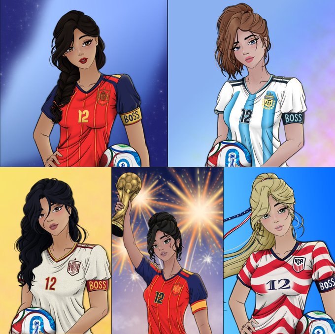 A collage shows five anime-style illustrations of female characters wearing various national soccer jerseys (Spain, Argentina, USA) with the number "12" and "BOSS" on the sleeves.