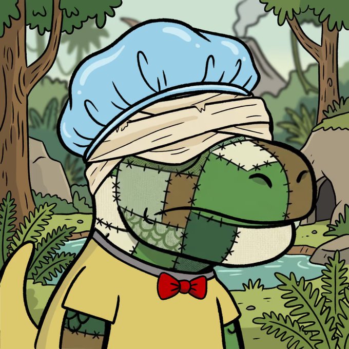 A cartoon illustration of a green patched turtle character wearing a light blue shower cap, bandages around its head, a red bow tie, and a yellow shirt in a jungle setting.