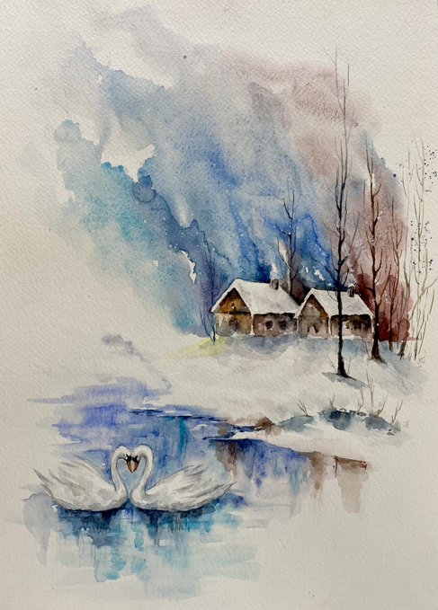 A watercolor painting of a winter scene showing two white swans facing each other on a partially frozen lake, with a snow-covered cottage and bare trees in the misty background.