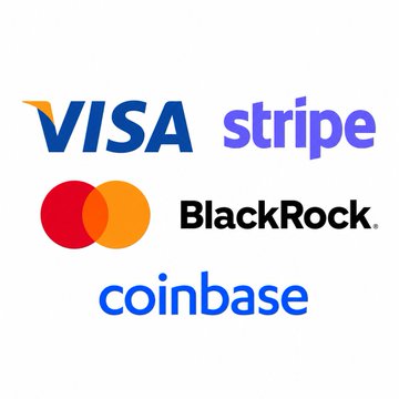The image displays the logos of Visa, Stripe, Mastercard (represented by its red and orange overlapping circles), BlackRock, and Coinbase, visually representing the major financial and crypto firms partnering to launch the new stablecoin $OUSD as reported in the announcement.