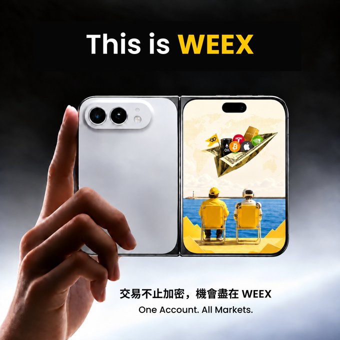 A promotional ad for 'WEEX' exchange showing a foldable smartphone displaying an illustration of two figures on a beach with crypto coins and a paper plane, captioned 'One Account. All Markets.' and '交易不止加密，機會盡在 WEEX'.