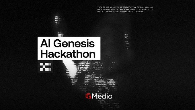 'AI Genesis Hackathon' promotional image by G.Media with a pixelated figure composed of code characters and a legal disclaimer text at the top.