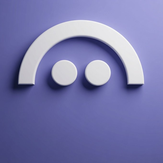 A 3D-rendered white sad face emoji with two round eyes under a curved frown sits against a purple background.