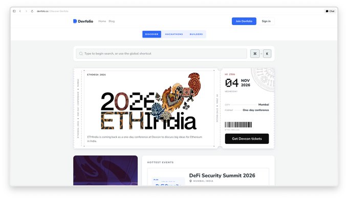 A screenshot of the Devfolio website displaying event details for 'ETHIndia' in Mumbai on '04 Nov 2026', described as 'ETHindia is coming back as a one-day conference at Devcon to discuss big ideas for Ethereum in India.'