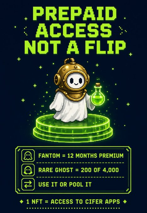 A promotional graphic featuring a pixel-art character in a diving suit holding a green potion, with text "PREPAID ACCESS NOT A FLIP" and details about Fantom = 12 months premium, Rare Ghost NFT (200 of 4,000), and access to CiFer apps.