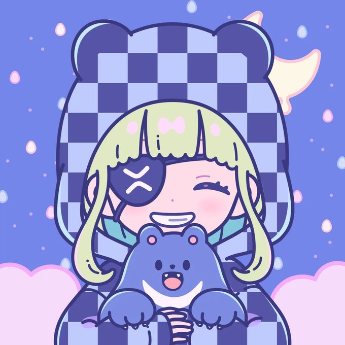 A cheerful chibi-style anime girl with green hair, an eyepatch, and a bow clutches a blue cartoon bear while sitting in a checkered bear-eared chair against a starry sky. The caption's reference to "Moon Monday" fits the dreamy nighttime atmosphere with floating pastel orbs and the crescent moon peeking from behind the chair.