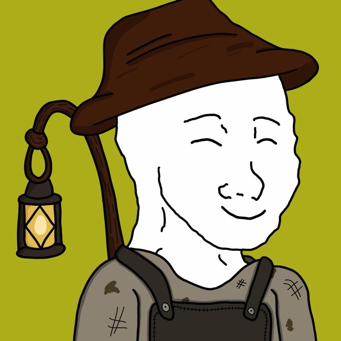 A cartoon faceless wanderer in a brown hat and overalls carries a glowing lantern against a yellow-green background.