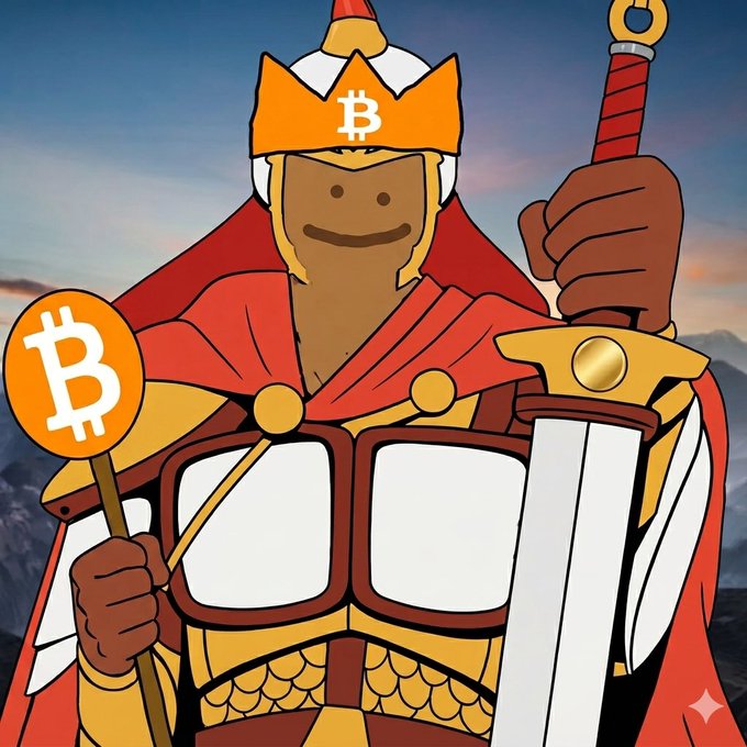 The image features a cartoon illustration of a brown-skinned man dressed as a medieval knight, holding a sword and wearing a crown. The man's face has been altered with a smiley expression, giving him a friendly and approachable appearance. The background is a blue sky with clouds, providing a contrast to the man's brown skin tone. The image also includes text that reads "From humble sketches to a crowned warrior, $GRIZZY stands strong with Bitcoin spirit. Built for believers, forged for the future, and ready for the next chapter. Stay $GRIZZY." This suggests that the illustration is related to the cryptocurrency world or Bitcoin, possibly as an advertisement or promotional material.