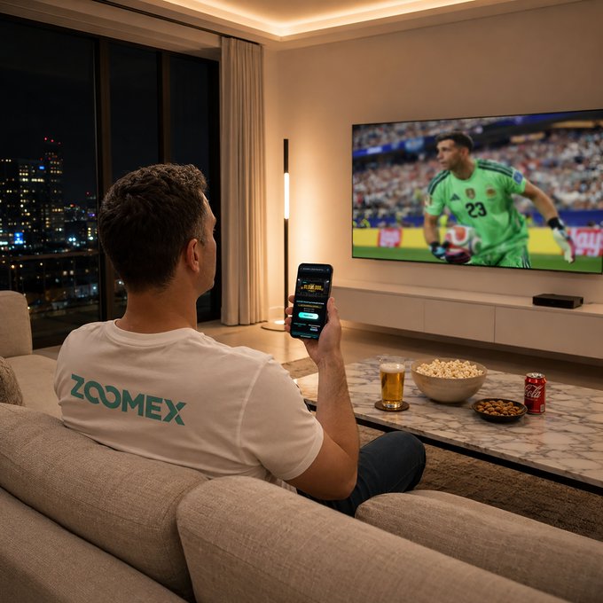 A man wearing a "ZOOMEX" t-shirt sits on a beige couch in a modern living room, holding a smartphone displaying a prediction app while watching a soccer match on a large flat-screen TV showing player #23 in a green goalkeeper jersey. On the marble coffee table in front of him are snacks including popcorn, nuts, a Coca-Cola can, and a glass of beer, perfectly capturing the relaxed yet engaged matchday experience promoted by the Zoomex World Cup Predictor.
