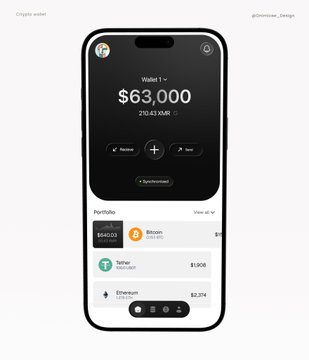A sleek mobile wallet UI mockup displays a portfolio of $63,000 (20.43 XRP) with holdings across Bitcoin, Tether, and Ethereum, reflecting the post's emphasis on thoughtful design with a clean, minimalist crypto wallet interface.
