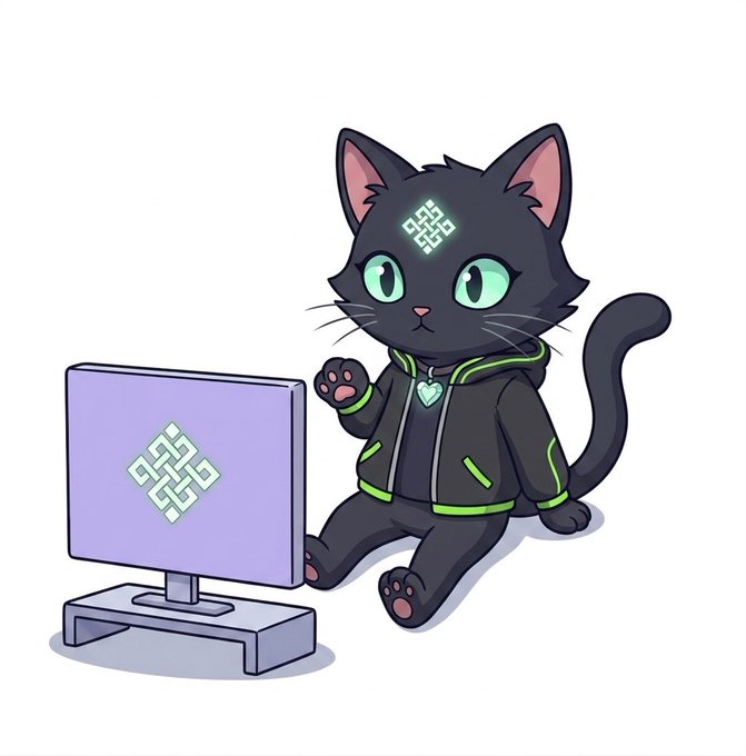 The image features a cartoon cat sitting next to a computer monitor, with its paw raised as if interacting with the screen. The cat's outfit consists of a hoodie and a necklace, giving it a unique appearance. The scene seems to be set in an office environment or a workspace where the cat is likely exploring the computer system. The image also includes text that reads "What makes Ritual interesting to me is that they’re not treating AI as just another feature added onto crypto", which suggests that the cartoon cat might represent a new era of AI integration into digital economies, and the post highlights this aspect of the scene.