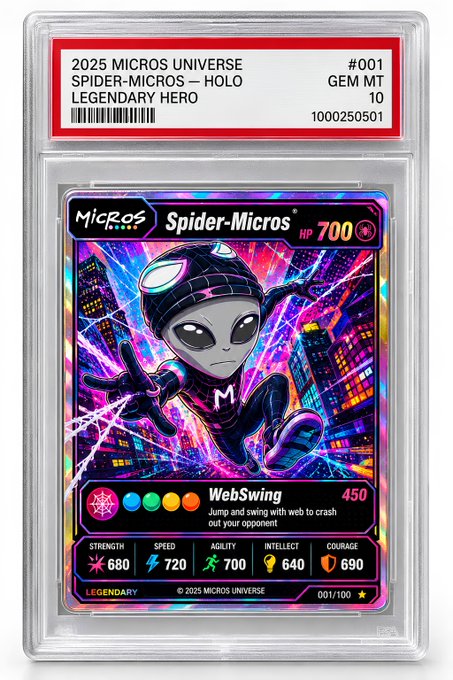 A graded holographic collectible card titled 'Spider-Micros' (HP 700) from the 2025 Micros Universe set (#001/100), featuring a chibi-style Spider-Man swinging through a neon city with stats: Strength 680, Speed 720, Agility 700, Intellect 640, Courage 690, and an attack move called 'WebSwing 450'.