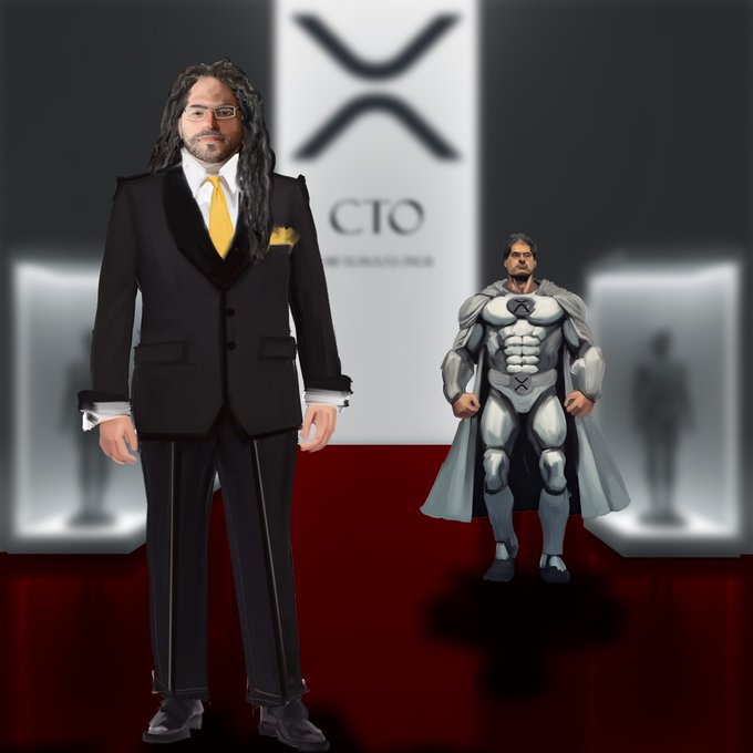 A digital drawing depicting two characters in front of a backdrop with the XRP logo and 'CTO' text — one figure wearing a black suit with a yellow tie and dreadlocks, and another in a superhero-style white and grey outfit with a cape.