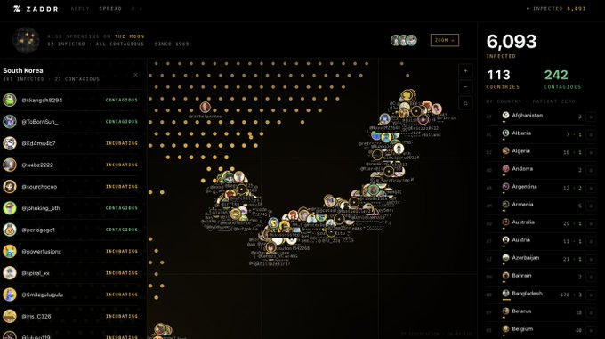 A ZADDOR dashboard displaying a world map visualization of a virus spread, showing 6,093 infected, 113 countries, and 242 contagious cases, with a leaderboard for South Korea.