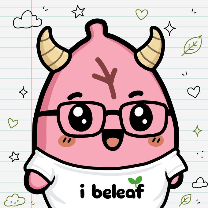 A cute cartoon pink character with horns, glasses, and a white shirt reading "i beleaf" against a notebook paper background decorated with hearts, stars, and leaves.