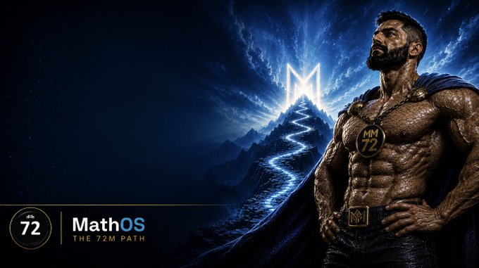 Dramatic artwork promoting 'MathOS – THE 72M PATH,' featuring a muscular warrior with 'MM 72' branded armor standing before a glowing mountain marked with an 'M' and a blue-lit winding path.