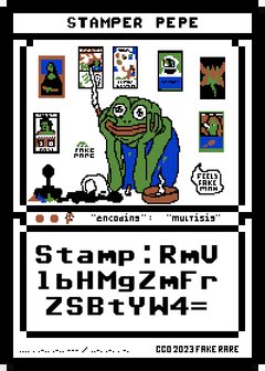 A digital trading card or 'STAMPER PEPE' featuring the Pepe the Frog meme surrounded by various art references, with an encoding message 'multiSig' and the stamp string 'RmU1bHMgZmFrZSbtYW4='.