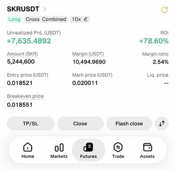 A trading app screenshot shows a long position on SKRUSDT with an unrealized profit of +7,635.4892 USDT (+78.60% ROI) on a 10x leveraged position of 5,244.600 SKR, with an entry price of 0.018521 and current mark price of 0.020011. The image illustrates the "massive profit" referenced in the post, which credits a trader for successful calls on $SOL, $BTC, and now $SKR.