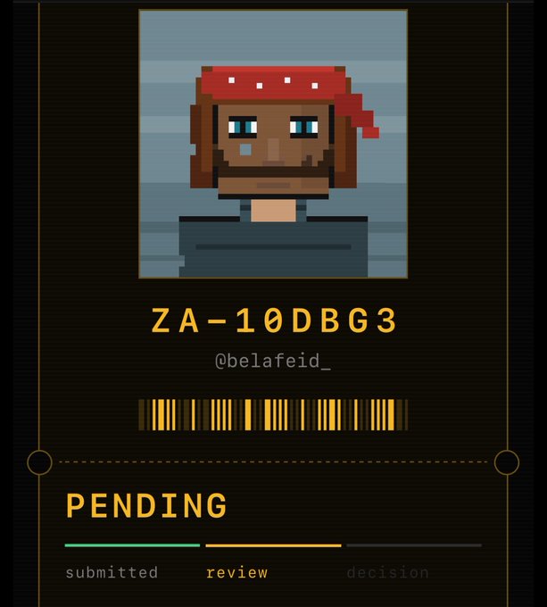 A pixelated avatar of a pirate-like character with a red bandana sits above a status card displaying "ZA-10DBG3" and the handle "@belafeid_", with a barcode and "PENDING" status showing the application is stuck in the "review" stage between "submitted" and "decision"—visually emphasizing the user's frustration over their stalled Zaddress Network whitelist application amid rising competition.