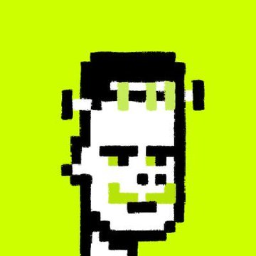 A pixel art portrait of a stylized character with black hair, green sunglasses, and a green mustache against a lime green background, representing the Broker Punk NFT from the RobinhoodNFTs collection.