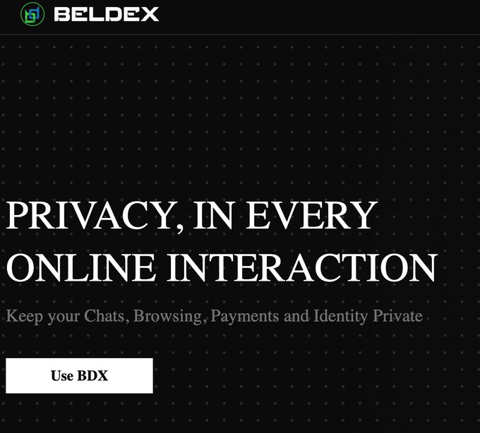 A dark advertisement graphic for 'BELDEX' with the text 'PRIVACY, IN EVERY ONLINE INTERACTION' and 'Keep your Chats, Browsing, Payments and Identity Private' with a 'Use BDX' button.