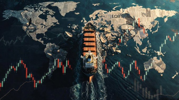 Conceptual image of a container ship sailing across a world map overlaid with red and green stock market candlestick charts.