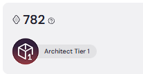 A small UI badge showing a balance of "782" next to a cube icon labeled "Architect Tier 1" on a white background.
