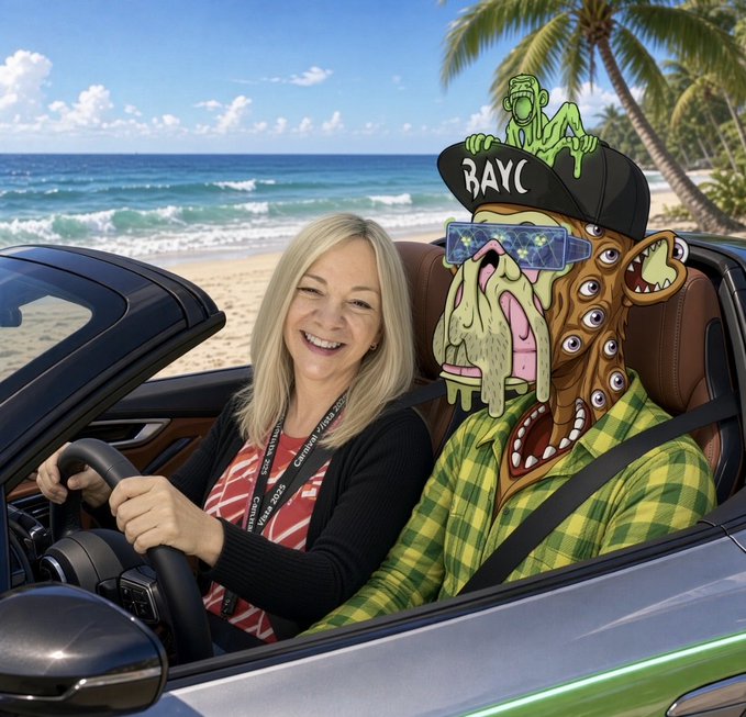 An AI-generated image showing a smiling blonde woman driving a convertible car on a beach, with a grotesque cartoon Bored Ape Yacht Club (BAYC) NFT character wearing a BAYC cap and sunglasses sitting in the passenger seat.