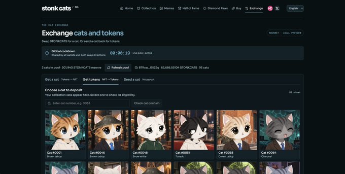 The Stonk Cats exchange website showing a countdown timer for the 'Global cooldown' and various digital cat collectibles available for sale.