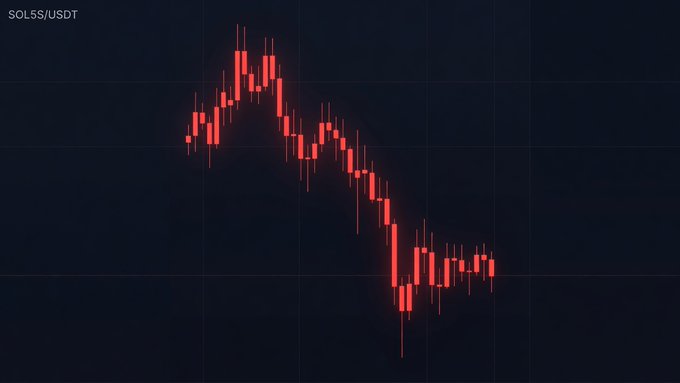 Candlestick chart of SOL5S/USDT showing a bearish trend with prices declining from a peak, displayed on a dark background with red candlesticks indicating downward movement.