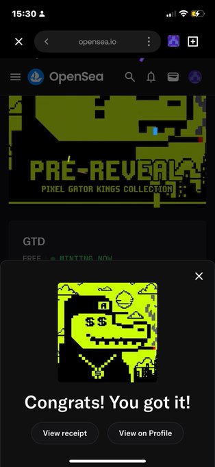 A screenshot of the OpenSea mobile app showing a successful NFT claim notification reading 'Congrats! You got it!' for the 'Pixel Gator Kings Collection' pre-reveal.
