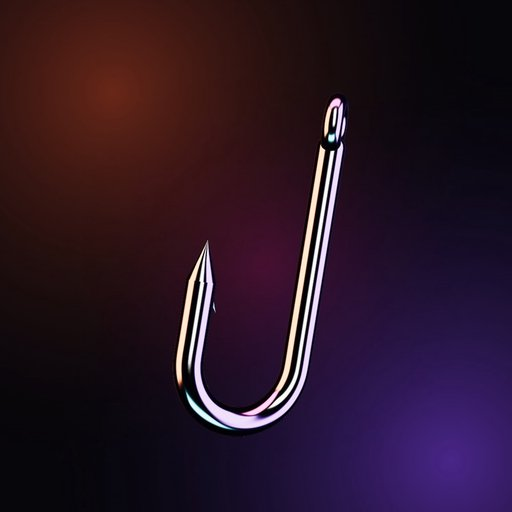 A shiny metallic fishing hook floats against a dark, gradient background illuminated by red and purple light.