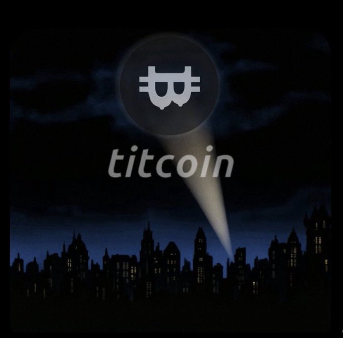 A dark, atmospheric image showing the 'titcoin' logo with a stylized icon, set against a nighttime cityscape silhouette with a spotlight beam and full moon.
