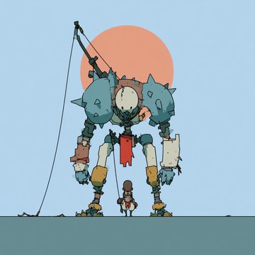 An anime-style illustration showing a small figure fishing in front of a giant mech-like robot under a large orange sun.