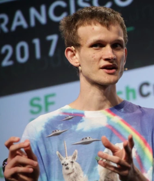 Ethereum creator Vitalik Buterin speaks at a 2017 San Francisco event, with his image paired alongside commentary highlighting that Tether's (USDT) market cap has nearly equaled Ethereum's, illustrating how stablecoins built on the network have grown to rival the value of the underlying blockchain itself.