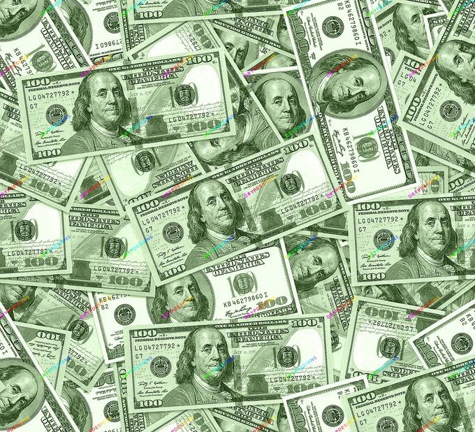 A scattered pile of $100 U.S. bills featuring Benjamin Franklin, overlaid with faint "FASHION SHOWS MONEY" watermarks. The image ties to the caption "The best things in life are green" through its showcase of green-colored currency, emphasizing wealth and prosperity.