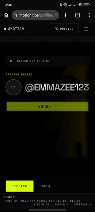 A mobile screenshot of the motion.tips website showing a creator profile page with username '@EMMAZEE123' and a 'SHARE' button.