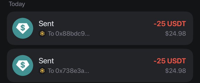 A cryptocurrency transaction history showing two "Sent" payments of -25 USDT each (totaling $49.96), sent to addresses starting with 0x88bdc9... and 0x738e3a..., confirming the winners were paid out as announced in the post.