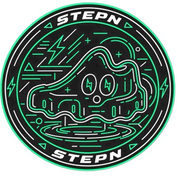 Circular neon-style 'STEPN' logo featuring a stylized sneaker/sneaker-like creature with lightning bolt accents in green and black.
