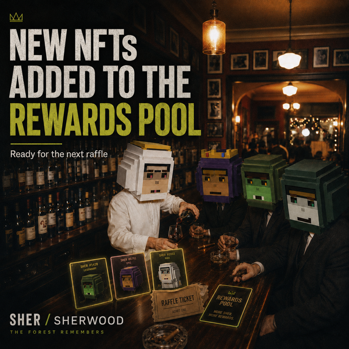 Promotional poster reading 'NEW NFTs ADDED TO THE REWARDS POOL' for 'SHER / SHERWOOD - THE FOREST REMEMBERS', featuring people wearing blocky pixelated head costumes in a bar setting with NFT items like the Sher Cloze Accessory, Sher Boys NFT, and Sher Roots NFT displayed.