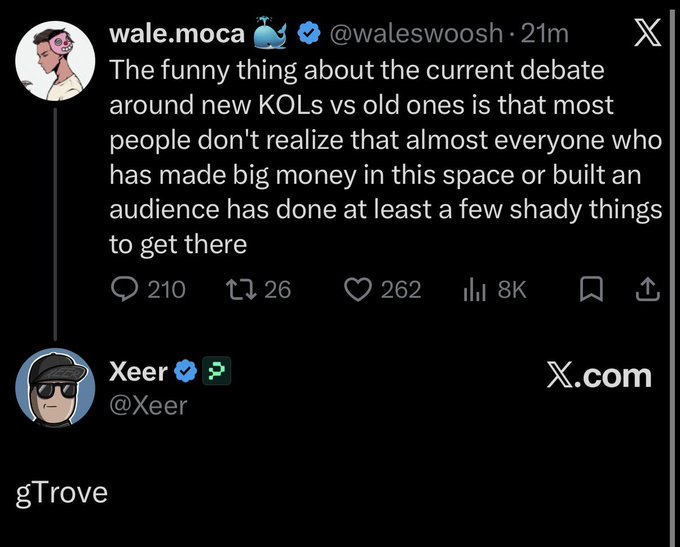 Another screenshot of an X post by wale.moca (@waleswoosh) about KOLs having done shady things, with a quote from Xeer (@Xeer).