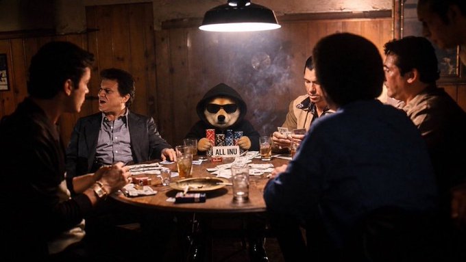 A group of men sit around a smoky round table playing cards in a dimly lit wood-paneled room, with one figure wearing a bear mask and hoodie holding a sign that reads "ALL IN U".