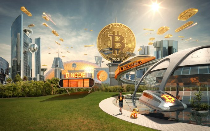 A futuristic Bitcoin-themed cityscape features a giant golden Bitcoin coin monument alongside signage reading "B NODE" and "B BTC EXPRESS," with a sleek monorail, modern skyscrapers, and a child walking a dog on a green lawn. The image's optimistic, prosperous atmosphere of golden coins floating through the sky symbolizes Bitcoin's thriving future following the rejection of BIP 110.