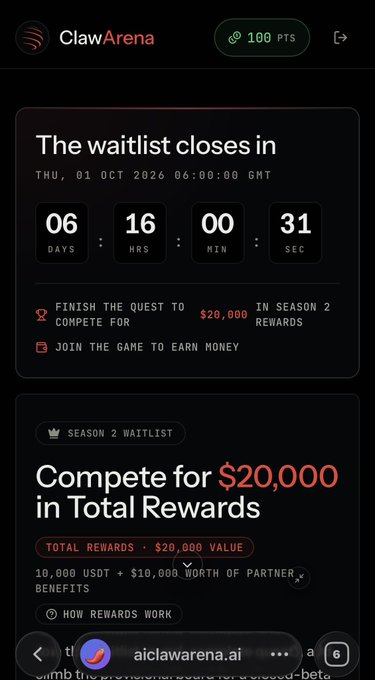 A mobile app screenshot for 'ClawArena' displays a countdown timer to the waitlist closing on 'THU, 01 OCT 2026 06:00:00 GMT' and advertises 'Compete for $20,000 in Total Rewards.'