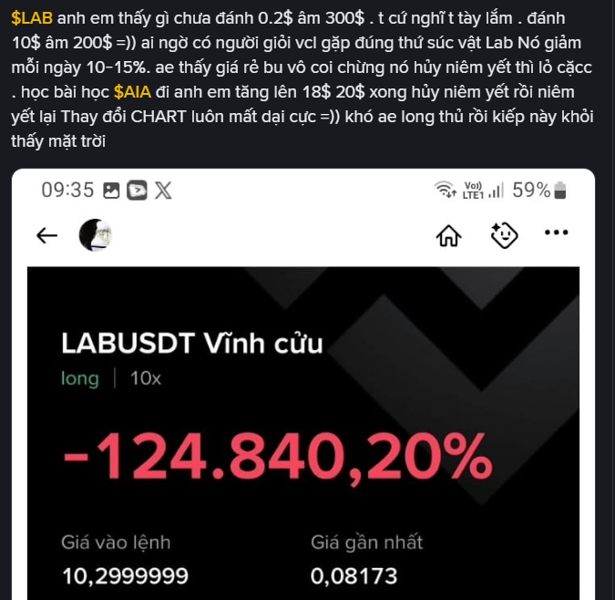 A Vietnamese-language message discussing stock prices, featuring a screenshot showing $LAB/USDT with a -124.840,20% loss (entry price 10.2999999, recent price 0.08173).