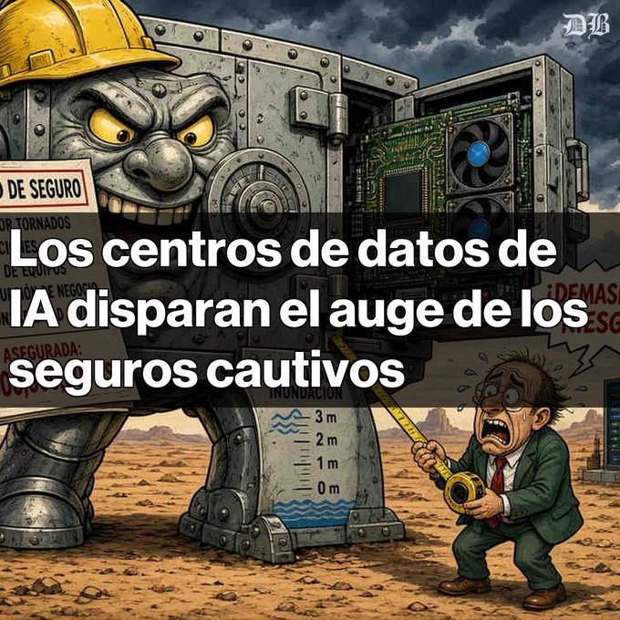 A cartoon illustration showing a menacing robot made of computer hardware threatening a sweating man with a measuring tape, with Spanish text overlay reading 'Los centros de datos de IA disparan el auge de los seguros cautivos'.