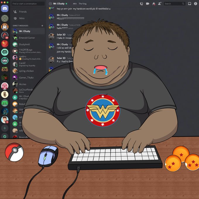 The image depicts a chubby cartoon character drooling while typing on a keyboard in front of a Discord chat interface, surrounded by gaming paraphernalia like a Pokéball, mouse, and Dragon Balls, wearing a Wonder Woman shirt. Visible usernames include "Mr J Dusty" and "Solar 3D," with messages referencing hardcore roleplay and joining servers, satirizing the stereotypical "basement-dwelling Discord mod" lifestyle mentioned in the caption.