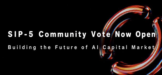The image features a black background with white text that reads "SIP-5 is now open for community discussion." Below this, there are two red rings, one larger than the other, positioned at the bottom of the image. The text "Building the future of AI Capital Market" is written in white below the rings.